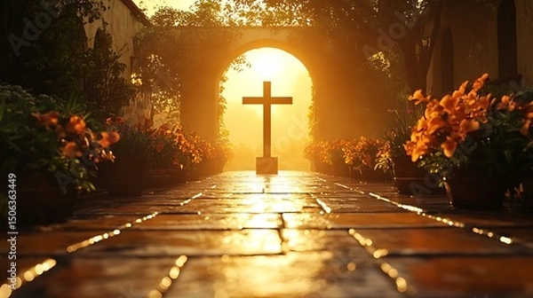 Fototapeta A hyperrealistic 3D render of a crucifix silhouette against golden sunrise, courtyard tiles wet with dew, long shadows stretching, glow on nearby flowers. Background of arched colonnade.