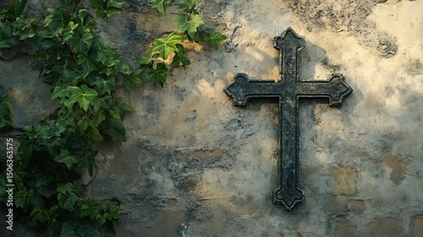 Fototapeta A minimalist photo of a crucifix on an ancient stone wall, single ivy vine curling around, soft dawn light, clean composition. Background fades to soft blur, emphasis on textures. Muted palette,