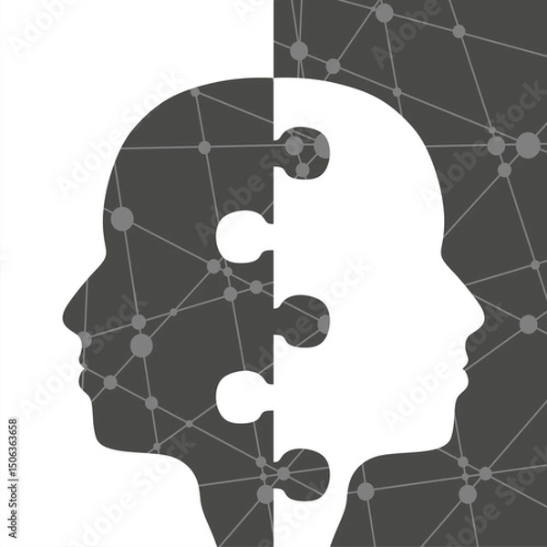 Fototapeta Social media network. Jig saw shaped head silhouettes. Overlay heads. Digital, interactive and global communication concept. Connected people