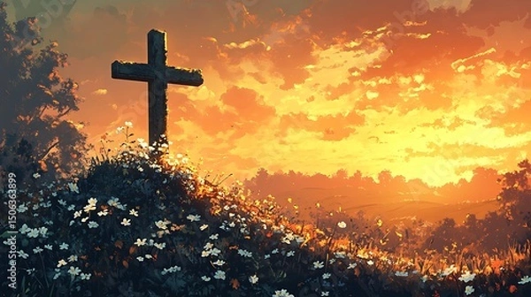 Fototapeta A romantic illustration of an old crucifix on a moss-covered wall, ivy in bloom with tiny white flowers, golden sunset light. Background of countryside landscape, rolling hills, soft glow.