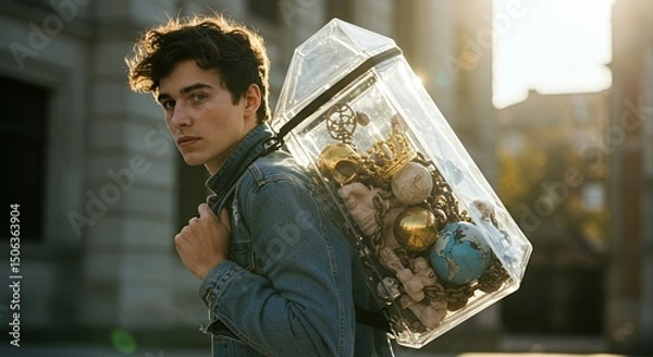 Obraz Mysterious Man Carrying a Transparent Backpack Filled with Curiosities