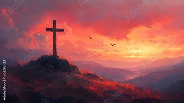 Fototapeta A romantic painting of a crucifix on a mountain, golden sunset casting long shadows, clouds glowing pink and orange, peaceful setting. Valley bathed in light, birds in sky. Warm palette, romanticism,