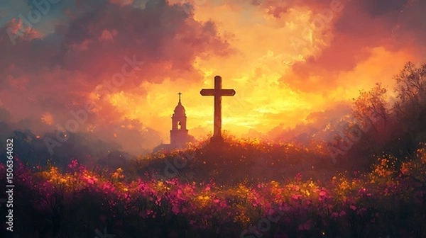 Fototapeta A romantic painting of a crucifix silhouette in golden sunrise, soft clouds glowing pink and orange, courtyard flowers bathed in light, peaceful aura. Background of bell tower silhouette.