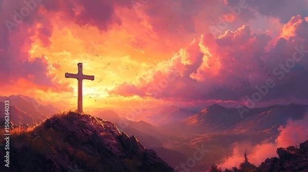 Fototapeta A romantic painting of a crucifix on a mountain, golden sunset casting long shadows, clouds glowing pink and orange, peaceful setting. Valley bathed in light, birds in sky. Warm palette, romanticism,