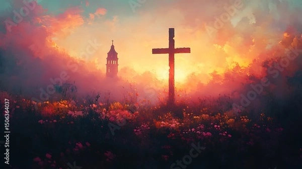 Fototapeta A romantic painting of a crucifix silhouette in golden sunrise, soft clouds glowing pink and orange, courtyard flowers bathed in light, peaceful aura. Background of bell tower silhouette.