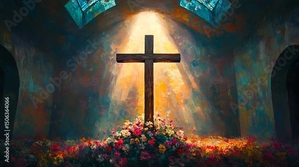 Fototapeta A romantic painting of a wooden crucifix under radiant stained glass, soft beams of light illuminating the cross, flowers arranged at its base, peaceful atmosphere. Background of delicate arches,