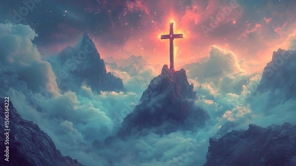 Fototapeta A surreal digital artwork of a crucifix floating above a mountain, ethereal clouds swirling below, radiant beams of light cascading, dreamlike mood. Cosmic sky beyond, stars faintly glowing.