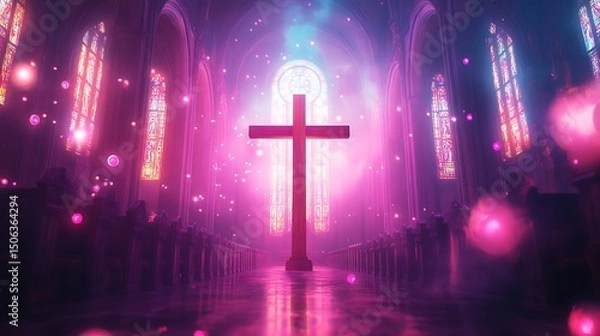 Fototapeta A surreal digital artwork of a glowing wooden crucifix inside a cathedral, stained glass pulsing with ethereal light, surreal floating orbs, dreamlike ambiance. Background dissolving into light.