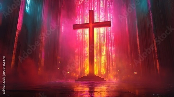 Fototapeta A surreal digital artwork of a glowing wooden crucifix inside a cathedral, stained glass pulsing with ethereal light, surreal floating orbs, dreamlike ambiance. Background dissolving into light.