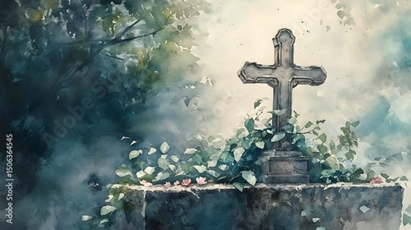 Fototapeta An artistic watercolor painting of a rustic crucifix on ivy-clad stone, soft washes of green and gray, subtle light filtering through leaves. Background of peaceful garden, scattered petals,