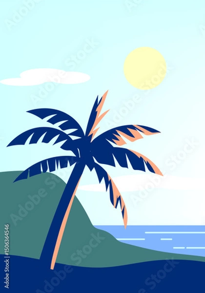 Fototapeta Landscape scene with mountain peaks, hill, lake vector illustration background.