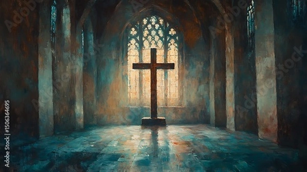 Fototapeta An impressionist painting of a wooden crucifix bathed in stained glass light, soft flowing brushstrokes, delicate play of color and shadow, dreamy atmosphere.
