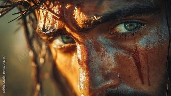Fototapeta Cinematic close-up of Christ’s face on cross, crown of thorns casting sharp shadows, eyes filled with pain and compassion, sunset light warming skin tones. Soft blurred background.