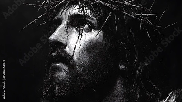 Fototapeta Engraving-style illustration close-up of Christ’s face, sharp etched lines, detailed crown of thorns, intense gaze, dramatic shadows. Blank background emphasizing face. Monochrome palette, engraving,