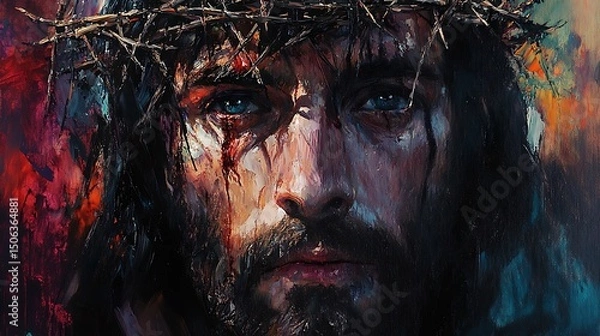 Fototapeta Impressionist painting close-up of Christ’s face, loose brushstrokes, crown of thorns blending into background, sorrowful eyes, expressive emotion. Soft glowing background, textured paint.
