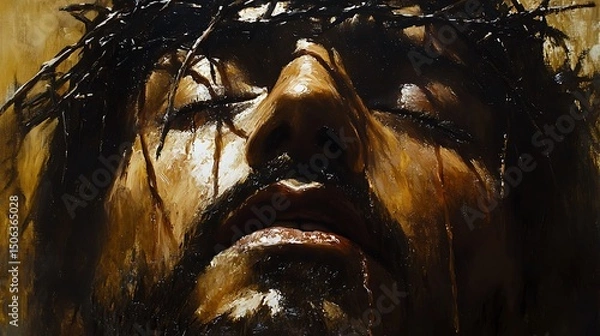 Fototapeta Oil painting close-up of Christ’s anguished face, crown of thorns detailed, eyes half-closed, subtle tear on cheek, muted background. Rough brush texture, deep shadows. Warm ochre palette,