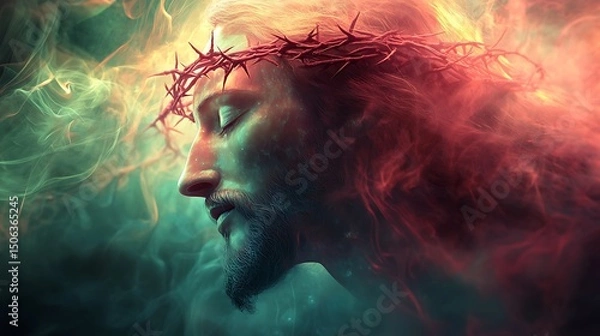 Fototapeta Surreal digital artwork of Christ’s face, crown of thorns morphing into vines, soft glowing skin, ethereal light surrounding head, dreamlike atmosphere. Blurred cosmic background. Neon pastel tones,