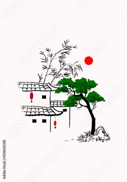 Fototapeta Chinese simple landscape drawing line art, ink vector illustration.