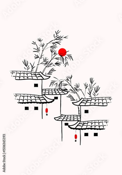 Fototapeta Chinese simple landscape drawing line art, ink vector illustration.