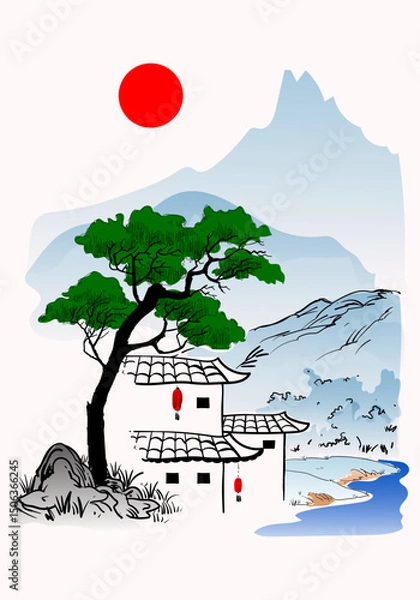 Fototapeta Chinese simple landscape drawing line art, ink vector illustration.