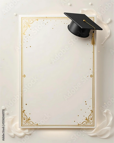 Fototapeta Elegant graduation diploma template with a gold border and a cap illustration above the text area.