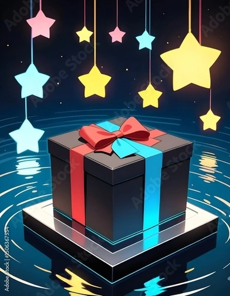 Fototapeta Colorful gift box with red and blue ribbon on reflective platform, surrounded by glowing hanging stars above water. Ideal for festive, fantasy, or holiday-themed creative projects.
