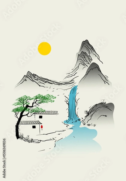 Fototapeta Chinese simple landscape drawing line art, ink vector illustration.