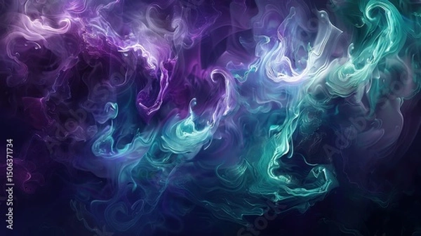 Obraz Ethereal Mermaid Figures Swirling in Teal and Purple Smoke Clouds in Digital Watercolor Flow