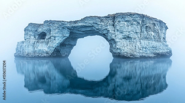 Obraz A majestic rock arch rises through fog at sunrise, its reflection shimmering on calm water—symbolizing mystery, resilience, transition, and the quiet strength of nature’s passageways.
