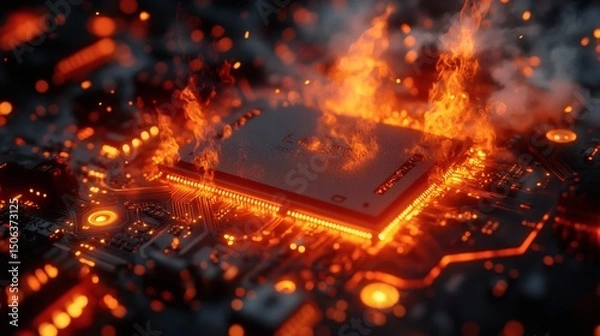 Fototapeta Burning Processor: Depicts Critical Hardware Failure and Overheating Issues