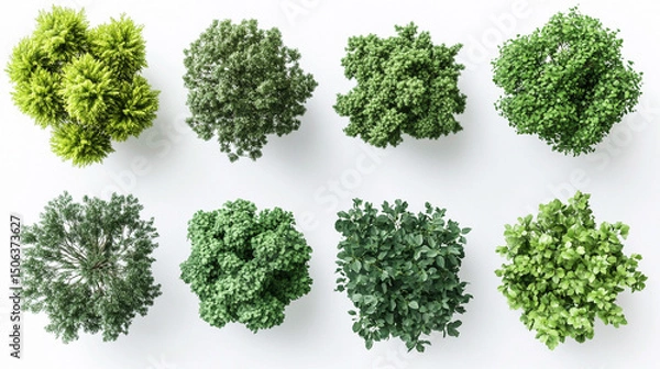 Obraz Cutout top view set of 3D rendered trees for landscaping design, displayed on a clean white background, ideal for architectural visualization, planning, and outdoor project mockups.

