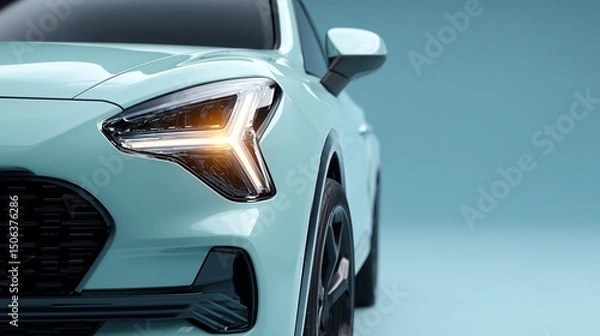 Fototapeta Minimalist SUV half front, angular headlights, clean empty space, pastel blue background, modern car advertisement