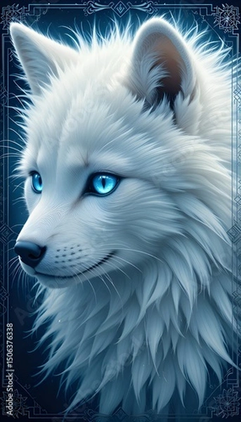 Fototapeta Fantasy illustration of a white arctic fox with glowing blue eyes. Detailed fur texture and mystical atmosphere, perfect for fantasy, wildlife, or magical creature themes.