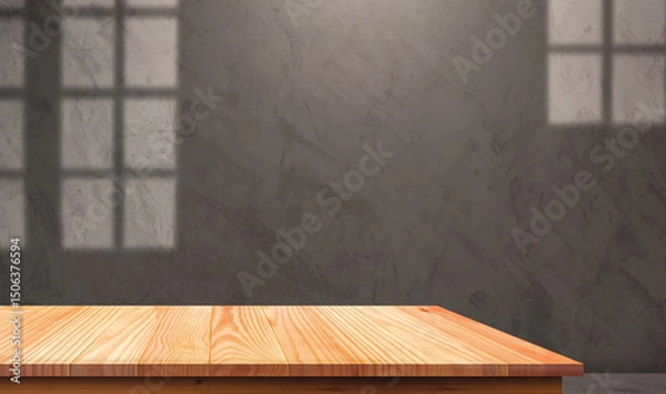 Fototapeta Empty wooden table in front of gray interior cement loft wall background with light and window shadow on surface, suitable for product mockup display presentation backdrop in vintage style