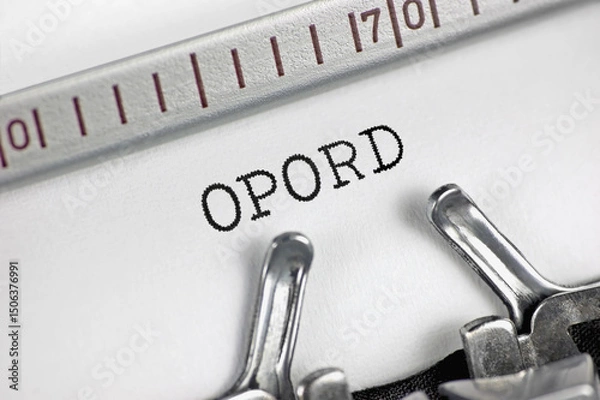 Obraz Operation order acronym OPORD text macro closeup, typewriter typed leader directive, coordinated military combat mission execution concept, large detailed horizontal retro document metaphor