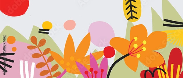 Fototapeta Spring colorful flowers and plants, floral wildflower, branch hand drawn vector illustration. Beautiful blossom for decor, easter, banner and prints.