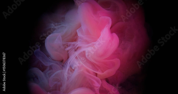 Fototapeta Pink smoke. Cloud splash. Vivid color fume mixing blow on black texture. Art paint blur explosion in dark liquid abstract background.