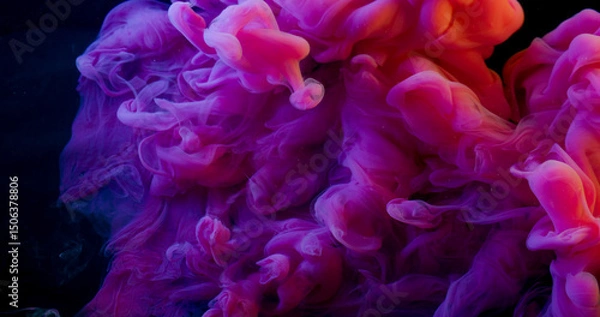 Fototapeta Steam flow. Colorful fog. Bright purple cloud swirl spilling in art black background. Acid ink drop mix haze glow defocused liquid.
