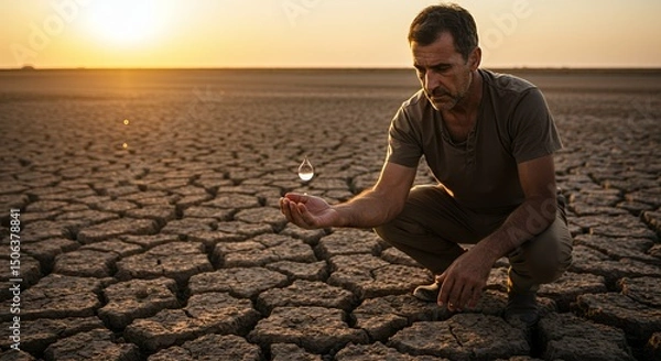 Obraz A farmer contemplates the preciousness of water in a drought-stricken land, the setting sun casting long shadows.