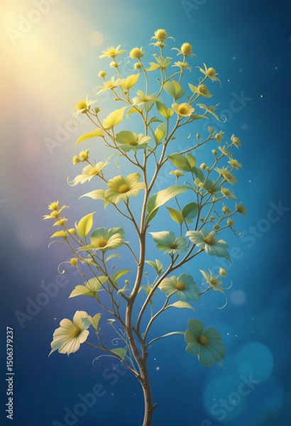 Fototapeta  A tree adorned with vibrant yellow flowers set against a bright blue background.