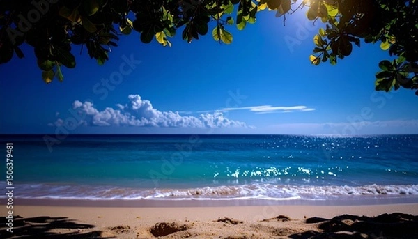 Obraz 日陰から見える白い砂浜と青い海と空