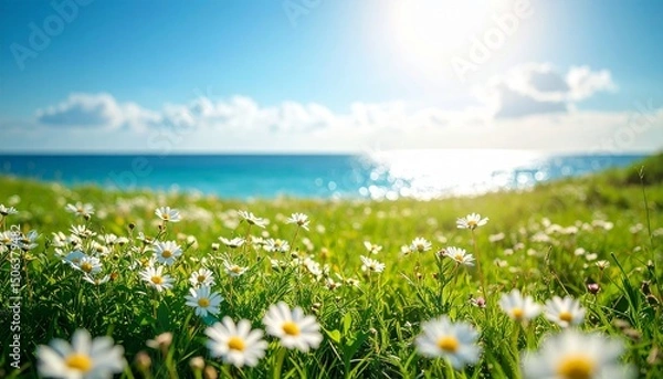 Obraz 青い海と空が見える草原