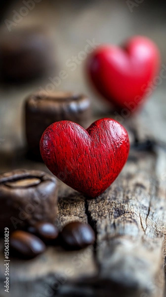Fototapeta Heart-shaped arrangement of coffee beans on a light surface, symbolizing passion and love for coffee. Space for caption on the side adds room for text or promotional content.

