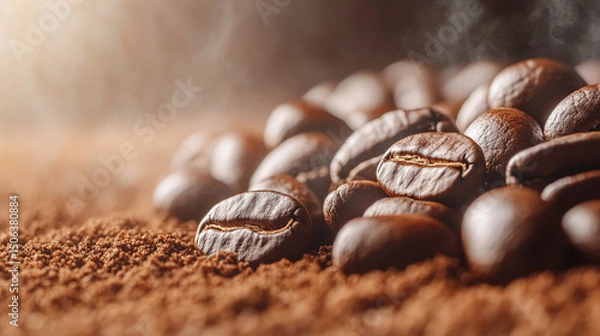 Fototapeta Heart-shaped arrangement of coffee beans on a light surface, symbolizing passion and love for coffee. Space for caption on the side adds room for text or promotional content.

