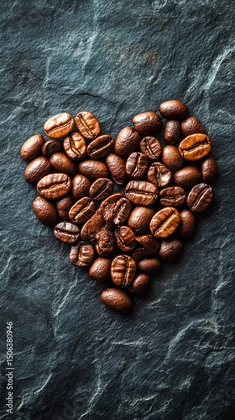 Fototapeta Heart-shaped arrangement of coffee beans on a light surface, symbolizing passion and love for coffee. Space for caption on the side adds room for text or promotional content.

