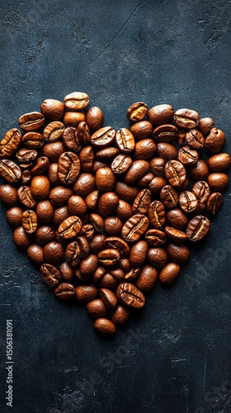 Fototapeta Heart-shaped arrangement of coffee beans on a light surface, symbolizing passion and love for coffee. Space for caption on the side adds room for text or promotional content.

