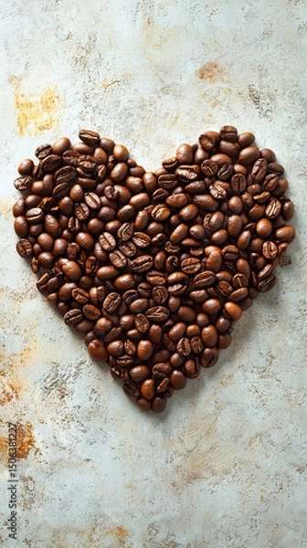 Fototapeta Heart-shaped arrangement of coffee beans on a light surface, symbolizing passion and love for coffee. Space for caption on the side adds room for text or promotional content.

