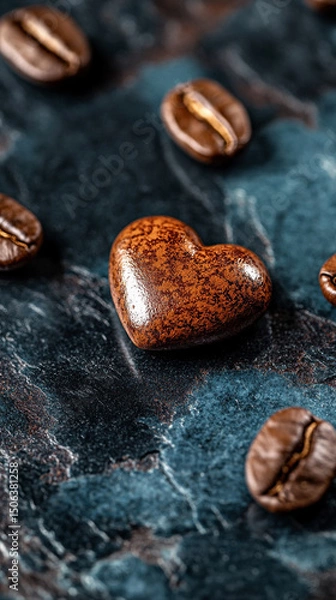 Fototapeta Heart-shaped arrangement of coffee beans on a light surface, symbolizing passion and love for coffee. Space for caption on the side adds room for text or promotional content.


