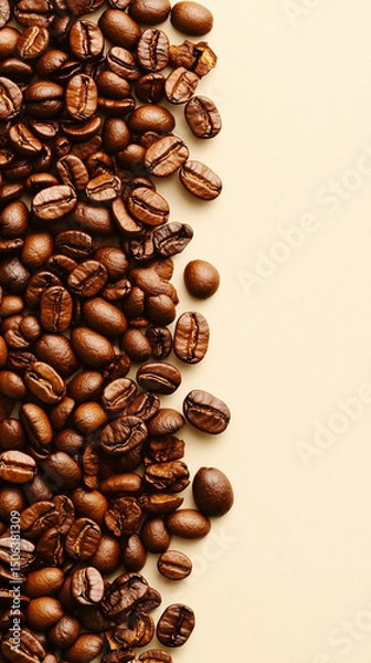 Fototapeta Heart-shaped arrangement of coffee beans on a light surface, symbolizing passion and love for coffee. Space for caption on the side adds room for text or promotional content.

