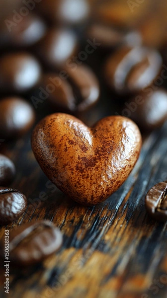 Fototapeta Heart-shaped arrangement of coffee beans on a light surface, symbolizing passion and love for coffee. Space for caption on the side adds room for text or promotional content.

